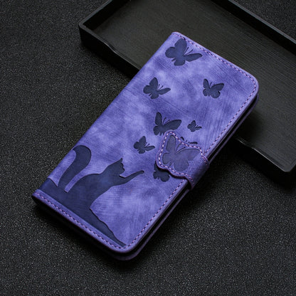 Purple folio flip phone case with butterfly pattern and stitched cat emblem