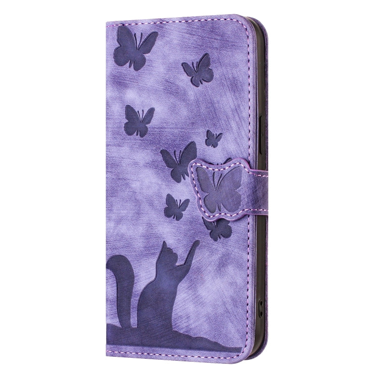 Purple flip leather phone case with butterfly cat design and front folio cover