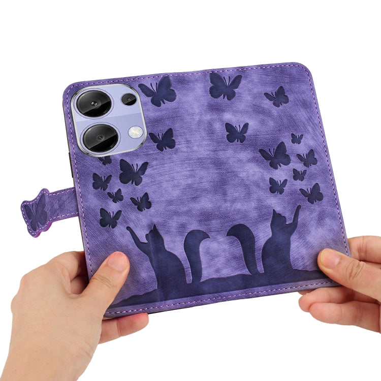 Purple butterfly cat folio phone case shown in hand, with kickstand-style strap
