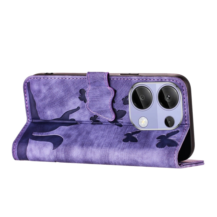 Purple flip leather phone case with open folio and butterfly cat print