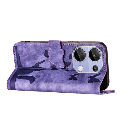 Purple flip leather phone case with open folio and butterfly cat print