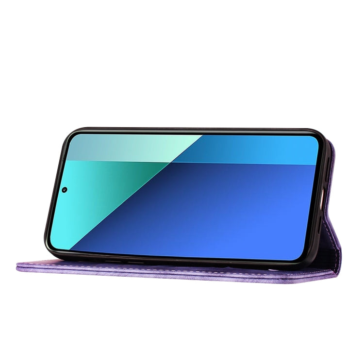 Purple flip leather phone case in stand mode with front cover open
