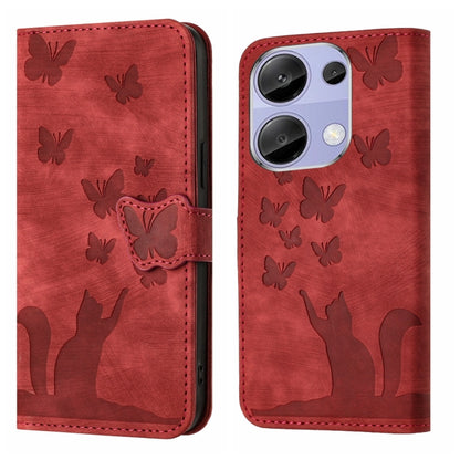 Red flip leather phone case with butterfly pattern and cat silhouette