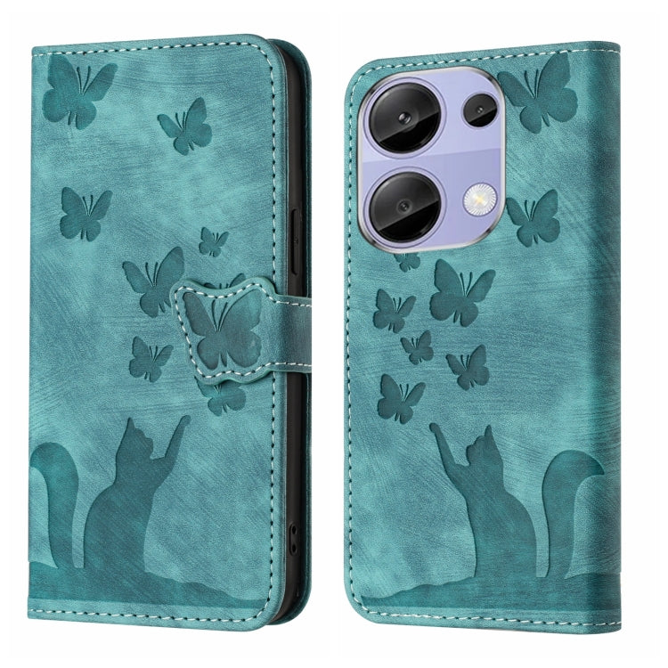 Teal butterfly cat flip phone case with stitched flap and embossed cat accent
