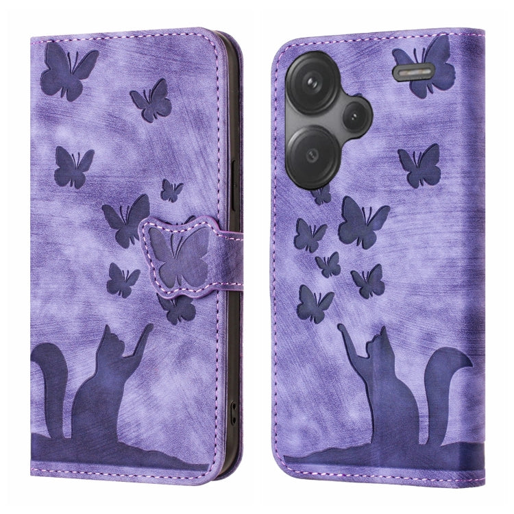 Lavender butterfly cat embossing flip phone case with stitched flap and butterfly pattern