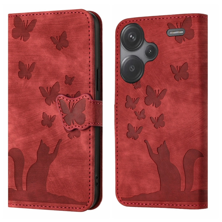 Red butterfly cat embossing flip phone case with stitched flap and butterfly pattern