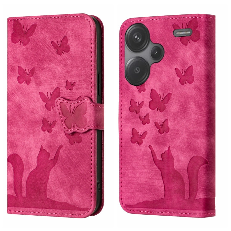 Magenta butterfly cat embossing flip phone case with stitched flap and butterfly pattern