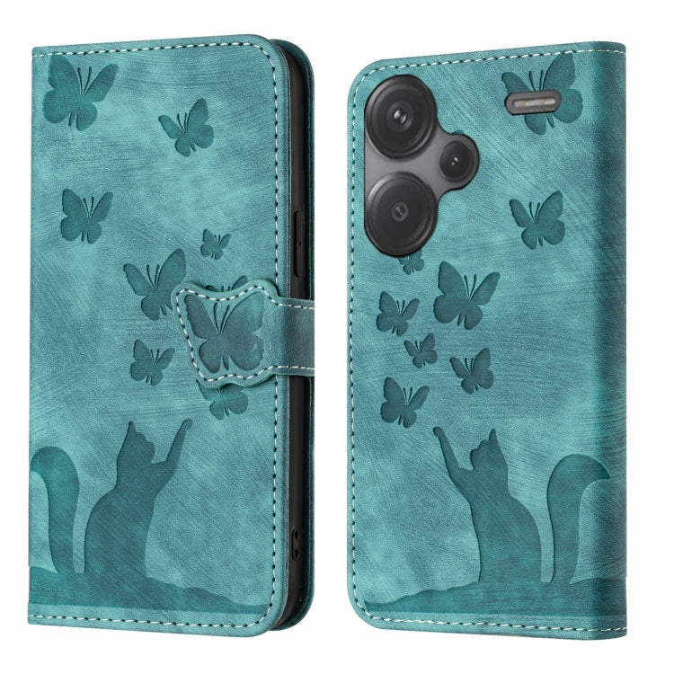 Teal flip leather phone case with butterfly and cat embossing, stitched edges, card pocket