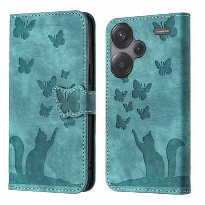 Teal flip leather phone case with butterfly and cat embossing, stitched edges, card pocket