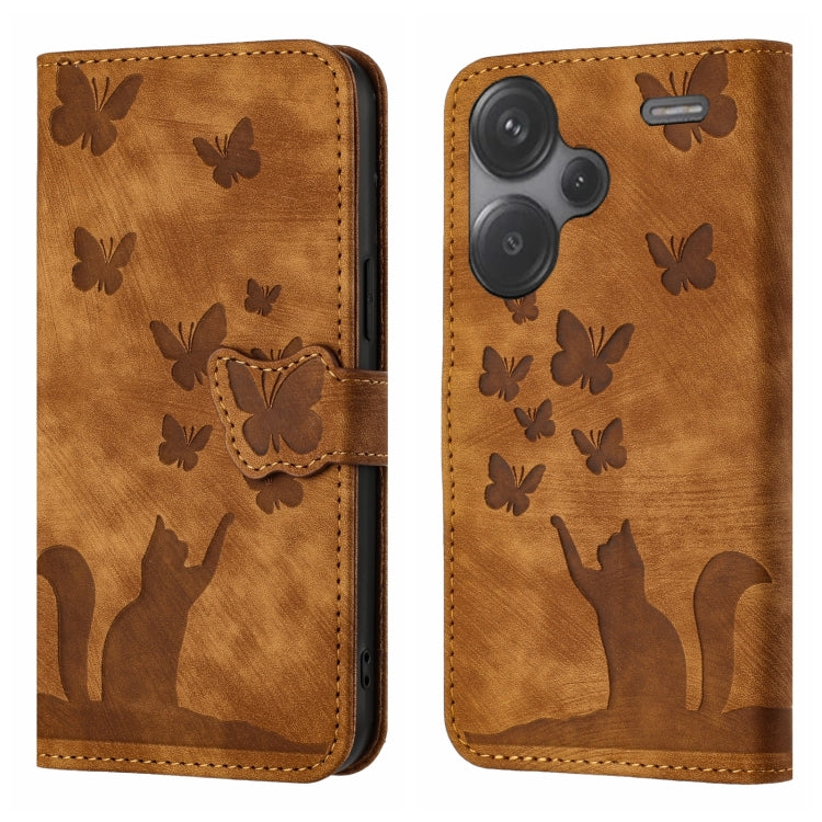 Brown flip leather phone case with butterfly pattern, cat embossing detail, stitched borders