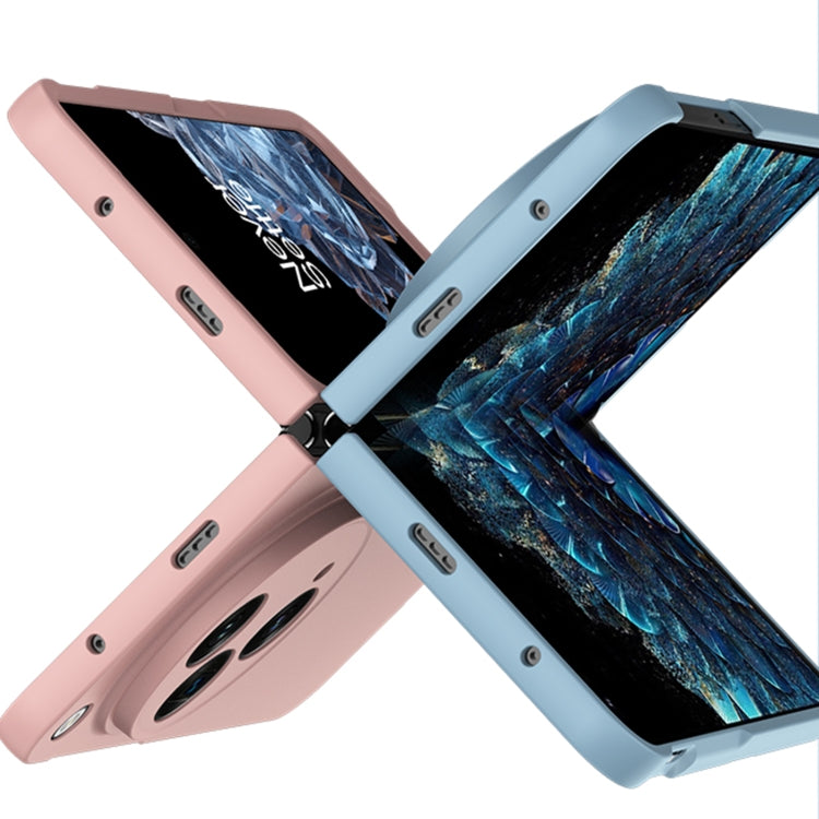 Pink and light blue folding phone cases with camera openings and side ports
