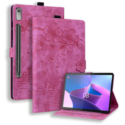 Embossed leather tablet case with cartoon flower and cat design, rose pink