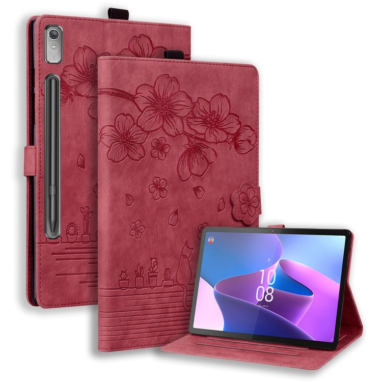 Embossed leather tablet case with cartoon flower and cat design, red