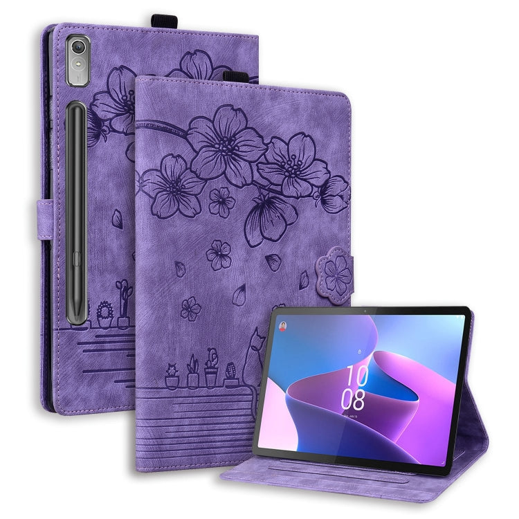 Embossed leather tablet case with cartoon flower and cat design, purple