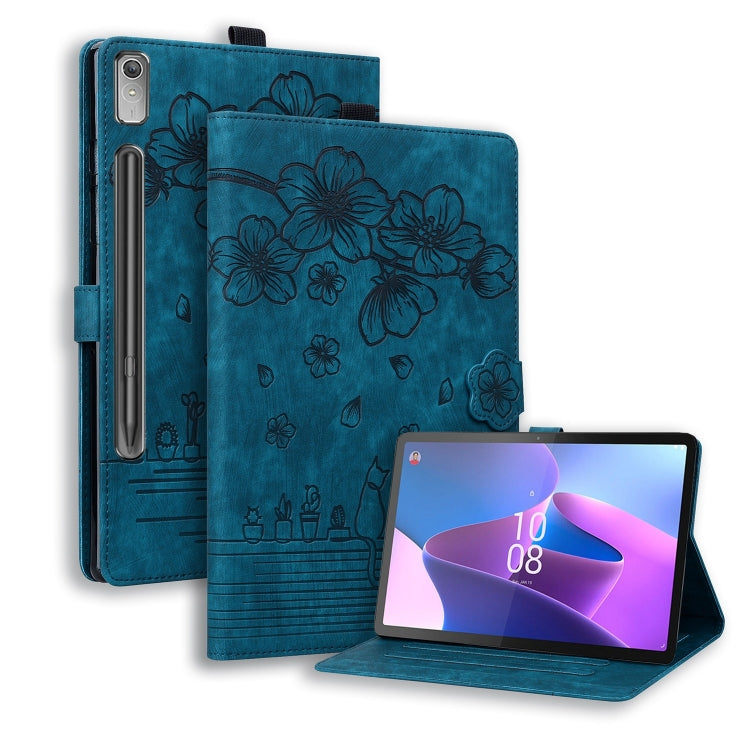 Embossed leather tablet case with cartoon flower and cat design, blue