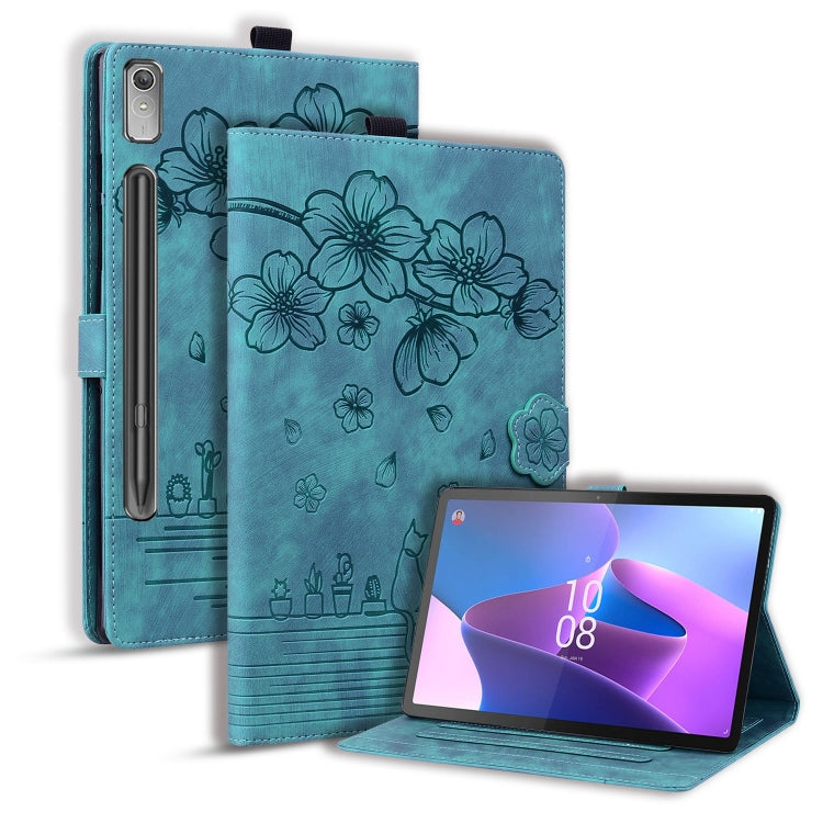Teal folio tablet case with cartoon sakura floral embossing and tablet kickstand