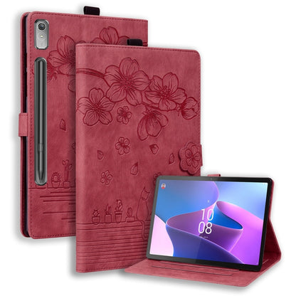 Rose red folio tablet case with cartoon sakura floral embossed pattern and stand