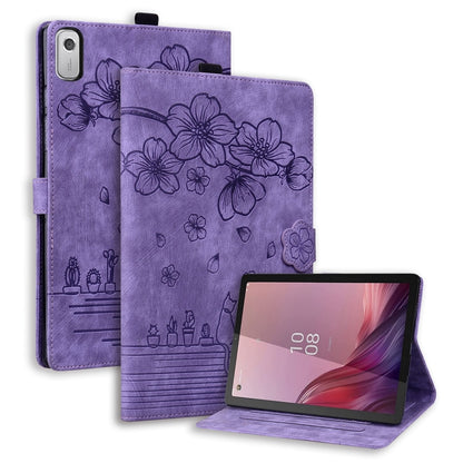 Purple folio tablet case with cartoon sakura floral embossing and tablet stand