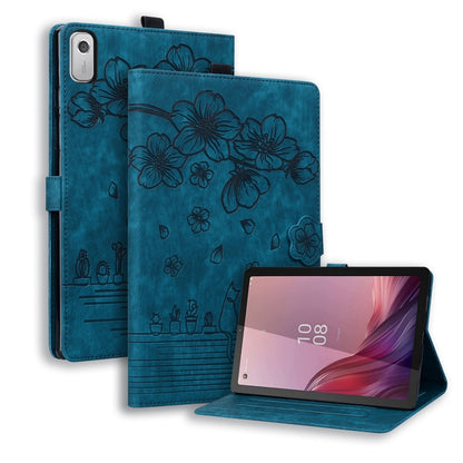 Teal folio tablet case with cartoon sakura floral embossing and front stand