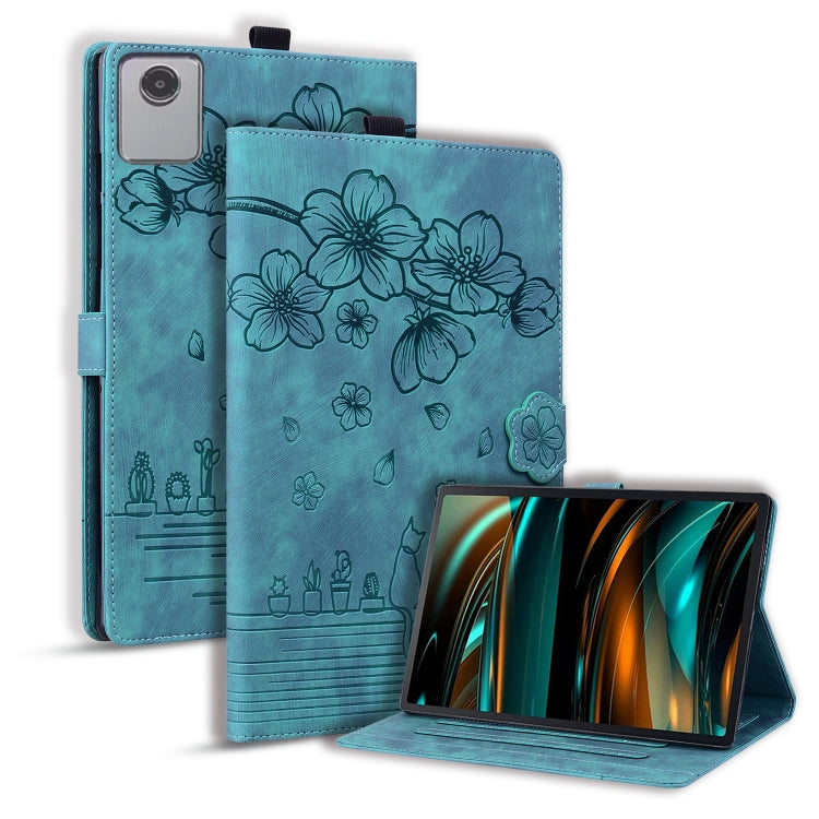 Teal folio tablet case with floral embossed design and front viewing kickstand.