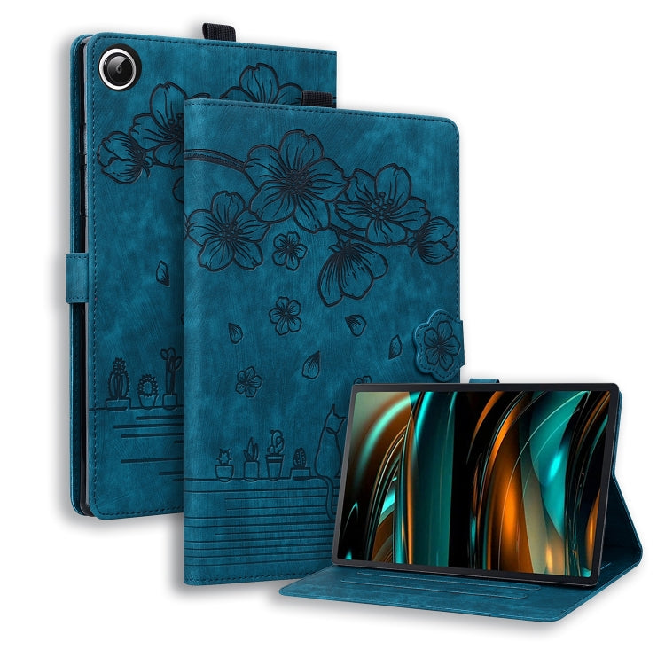 Embossed leather tablet case with cartoon flower and cat design, blue