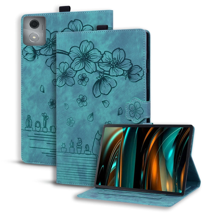 Light blue folio tablet case with floral embossed design and front kickstand stand.