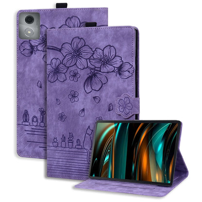Lavender purple folio tablet case with floral embossed design and front kickstand.