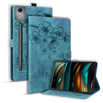 Light blue embossed floral tablet case with folio stand and side pen slot