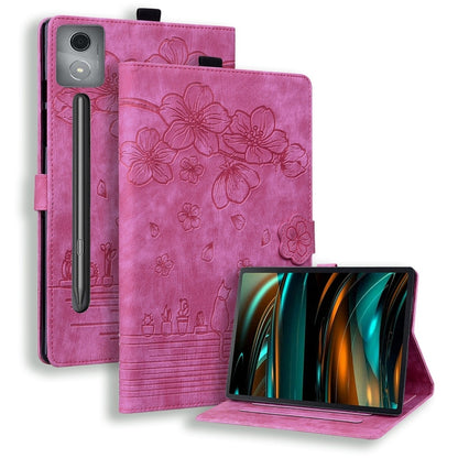 Pink embossed floral tablet case with folio stand and side pen holder