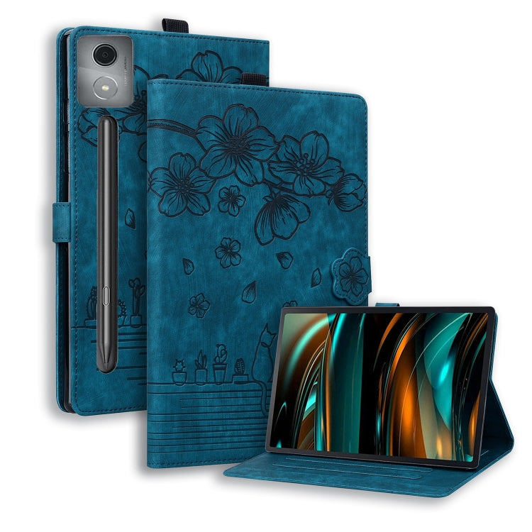 Teal/blue folio tablet case with floral embossed design and front viewing kickstand.