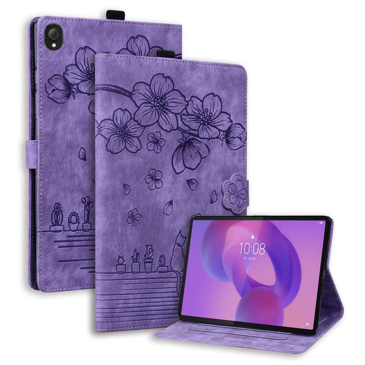 Purple folio tablet case with cartoon sakura floral embossing and stand cover
