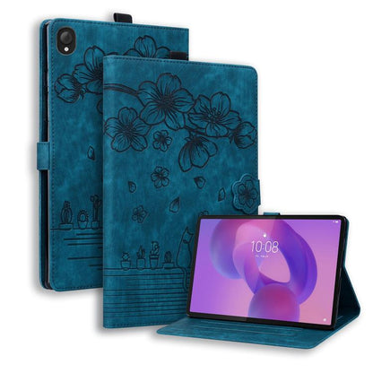Teal folio tablet case with cartoon sakura floral embossed pattern and kickstand