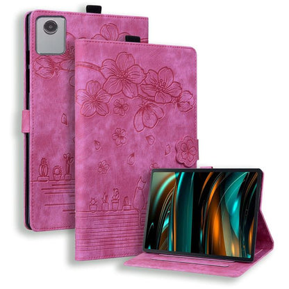 Rose pink embossed floral tablet case with folio stand and side camera cutout