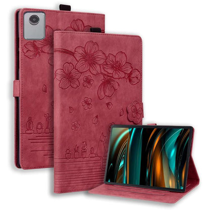 Pink-red embossed floral tablet case with folio stand and front cover panel