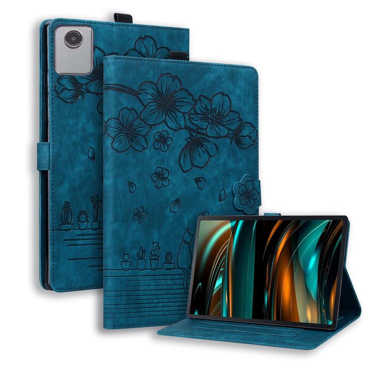 Blue embossed floral tablet case with folio stand and device camera opening