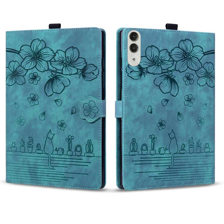 Teal blue folio tablet case with embossed flowers and cactus-style landscape panel.