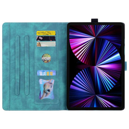 Teal blue folio tablet case with card slots and embossed floral garden design.