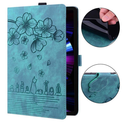 Teal blue folio tablet case with embossed floral pattern and front cover stand.