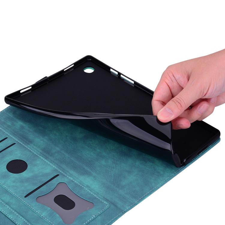 Teal blue folio tablet case with smooth exterior and protective edge flap.