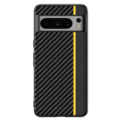 Ultra-thin carbon fiber phone case with black weave, yellow accent stripe, and camera cutouts