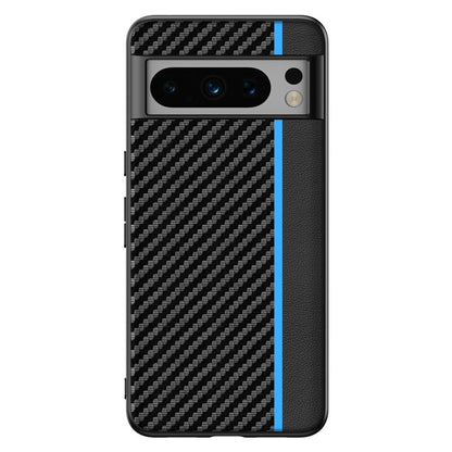 Ultra-thin carbon fiber phone case front view, black weave with blue accent stripe