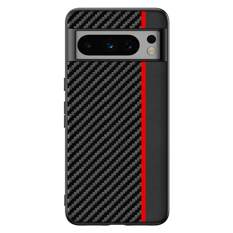 Carbon fiber texture phone case with black weave and red stripe accent, glossy smooth side.