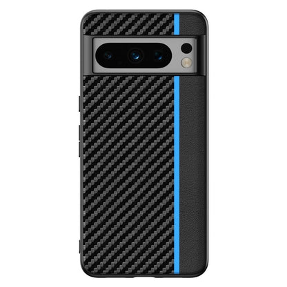 Carbon fiber texture phone case with black weave and blue stripe accent, smooth side panel.