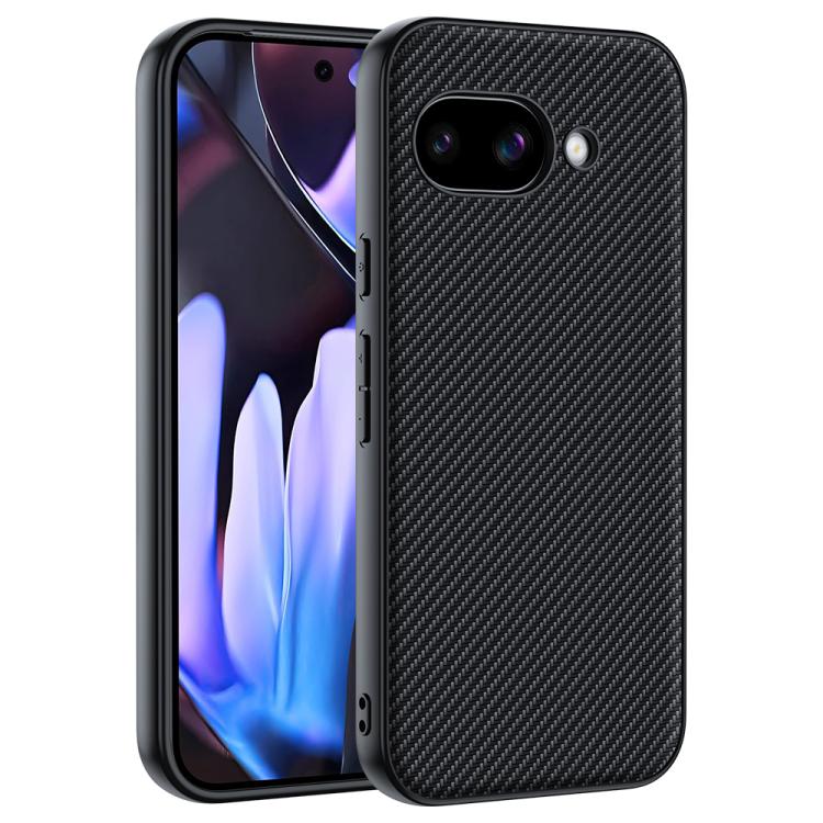 Carbon fiber texture phone case in dark finish with camera cutout and side buttons