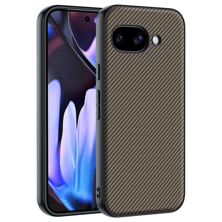 Carbon fiber texture phone case with metallic gold finish, camera cutout, and side buttons