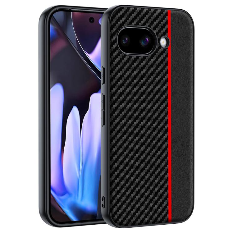 Carbon fiber texture phone case with black finish and red accent stripe near the edge