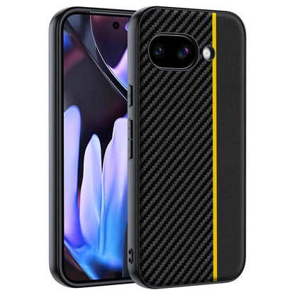 Carbon fiber texture phone case with black finish and yellow accent stripe near the edge