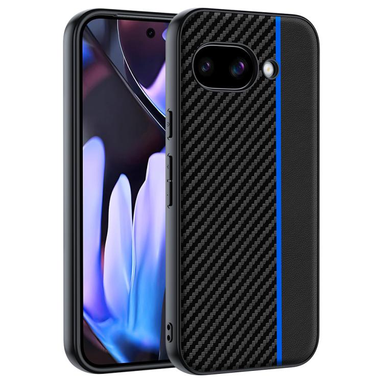 Carbon fiber texture phone case with black finish and blue accent stripe near the edge