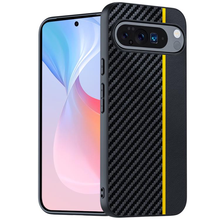 Carbon fiber texture phone case, black with yellow trim, slim camera cutouts