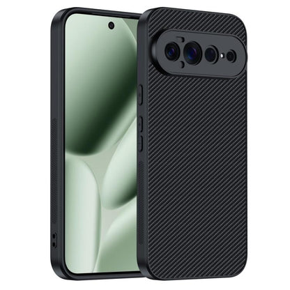 Carbon fiber textured phone case with camera cutouts, black matte finish.